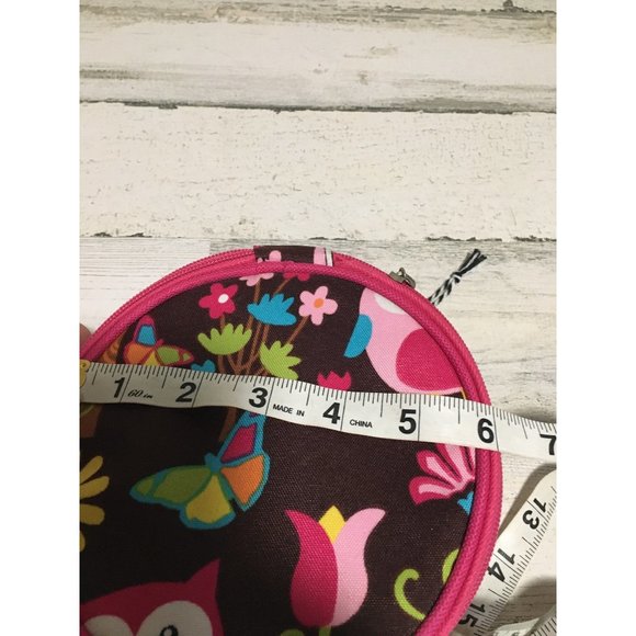 Small 6” round owl fabric decorated zippered bag with small compartments around - Picture 3 of 5